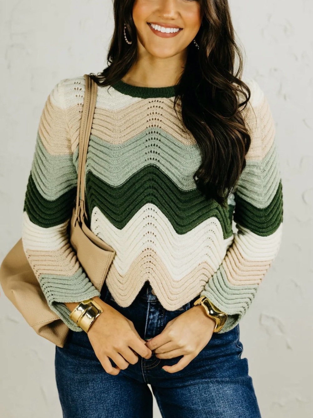 Striped Chevron Knit Crewneck Sweater - Green Multi